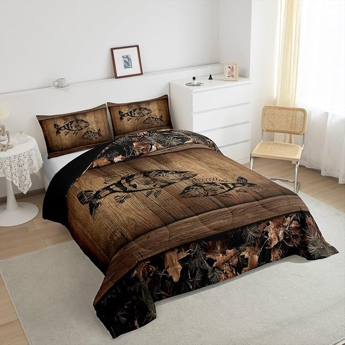 Erosebridal Camo Bass Fish Bedding Comforter Sets Fishing Bass Big Fish Bedding Set Toddler Rustic Farmhouse Lake House Comforter Set for Boys Men Fisherman,Retro Tree Camouflage Cabin Quilt Set