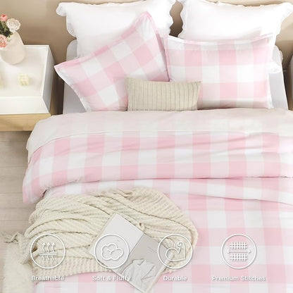 Andency Pink Checkered Comforter Twin(66x90Inch), Plaid Gingham Buffalo Plaid Grid Bedding Sets for Girls Kids Women Kids Teens, 2 Pieces Lightweight Microfiber Geometric Preppy Bed Set