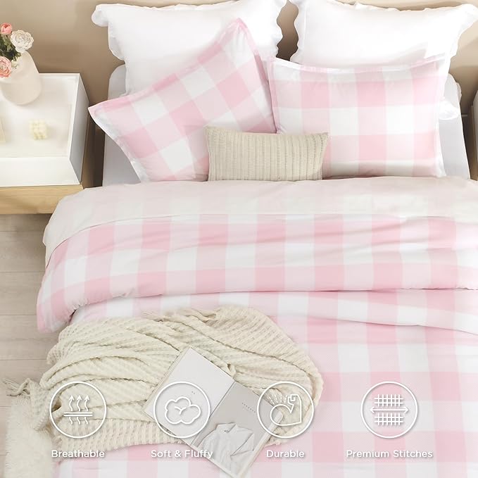 Andency Pink Checkered Comforter Queen(90x90Inch), Plaid Gingham Buffalo Plaid Grid Bedding Sets for Girls Kids Women Kids Teens, 3 Pieces Lightweight Microfiber Geometric Preppy Bed Set