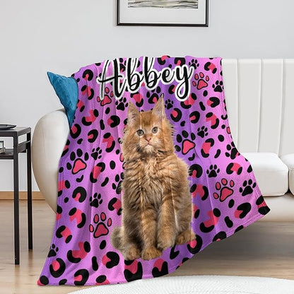 Custom Pet Name Blanket Personalized Dog Memory Blankets with Photos Customized Puppy Blanket for Large Medium Small Dog, Dog Gift for Dog Lovers Mom Dad Cute Dog Cat Paw Prints