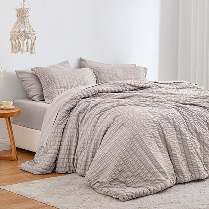 Love's cabin Seersucker Burlwood Full Comforter Set, 7-Piece All Season Lightweight Bed in a Bag Bedding Set with Comforter, Flat Sheet, Fitted Sheet, Pillowcases and Shams | Soft, Breathable, Lightweight