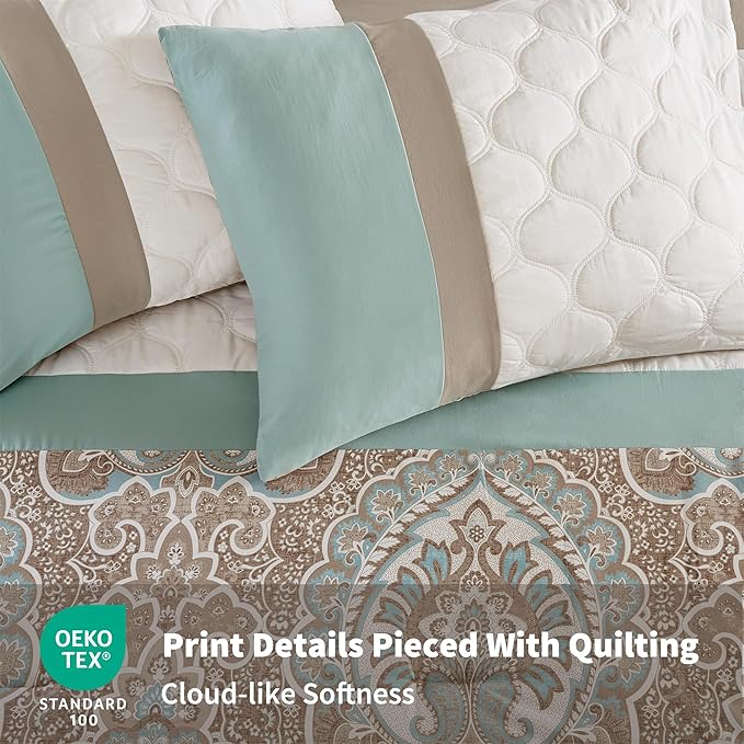 510 DESIGN Luxe Quilted Comforter Set Modern Transitional Design, All Season Down Alternative Warm Bedding Matching Shams, Bedskirt, Decorative Pillow, King, Shawnee Scrollwork Seafoam