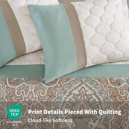 510 DESIGN Luxe Quilted Comforter Set Modern Transitional Design, All Season Down Alternative Warm Bedding Matching Shams, Bedskirt, Decorative Pillow, Queen, Shawnee Scrollwork Seafoam