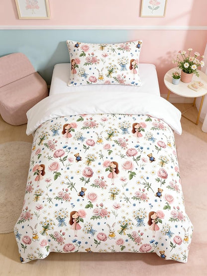 Girls Priness Botanical Comforter Set Full Size, 3Pcs Pink Rose Bedding for Kids Kawaii Bedroom Decor, Cute Priness Girly Rabbit Bear Comforter Set with 2 Pillowcases, 79"x90"