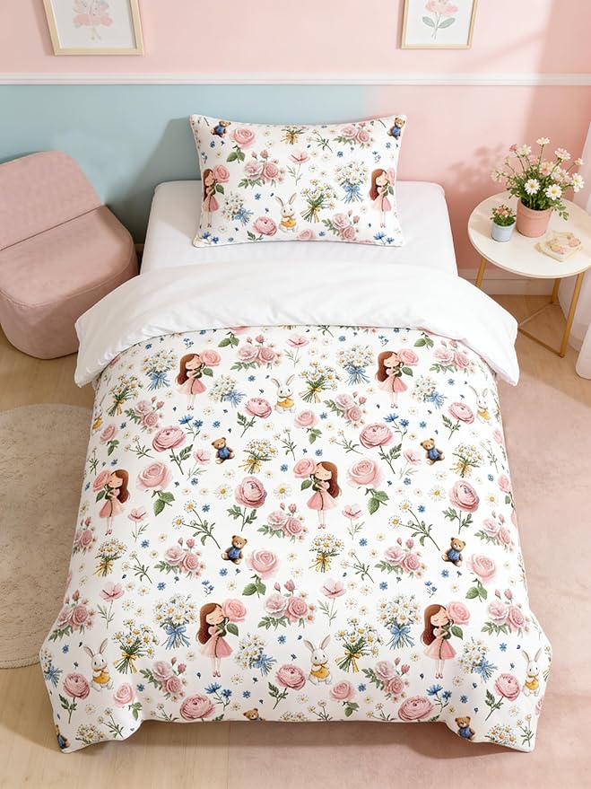 Botanical Comforter Set Queen for Girls, 3Pcs Pink Rose Bedding for Kids Kawaii Bedroom Decor, Cute Priness Girly Rabbit Bear Comforter Set with 2 Pillowcases, 90"x90"