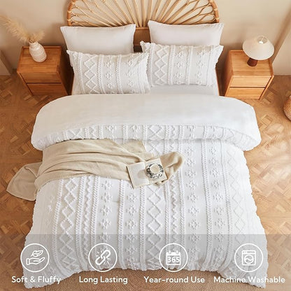 MR&HM White Twin XL Comforter Set for College Dorm, Boho Bedding Set, Bed in a Bag Set 5 Pieces with 1 Comforter, 1 Pillow Shams, 1 Pillowcases, 1 Flat Sheet, 1 Fitted Sheet for All Seasons