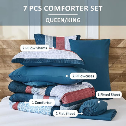 DJY Blue Comforter Set Queen Size,Boho Striped Queen Bed Set,7 Piece Patchwork Soft Microfiber Bedding Set for All Season(90"×90")