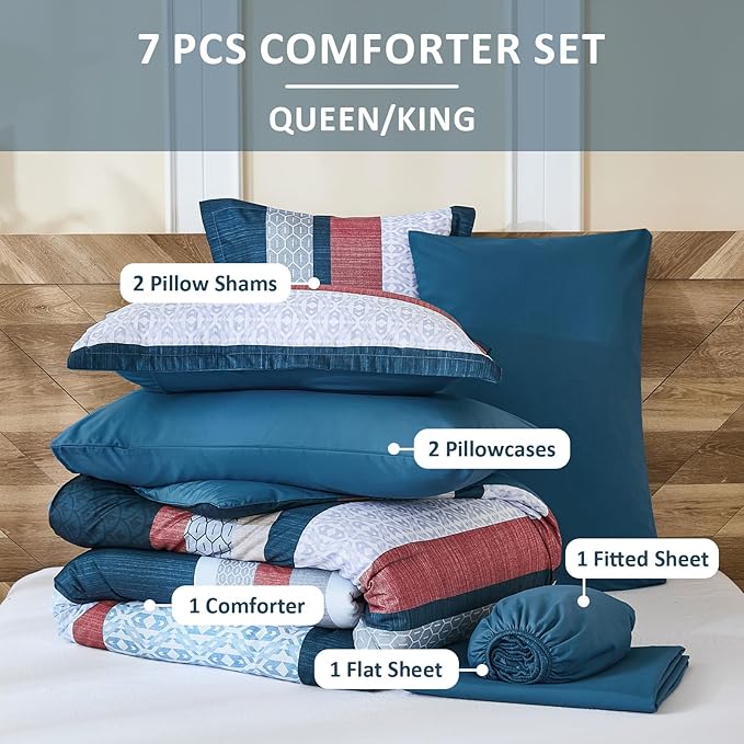 DJY Blue Comforter Set King Size,Boho Striped Bedding Sets Bed in a Bag,7 Pieces Soft Microfiber Bedding Set for All Season(104"×90")