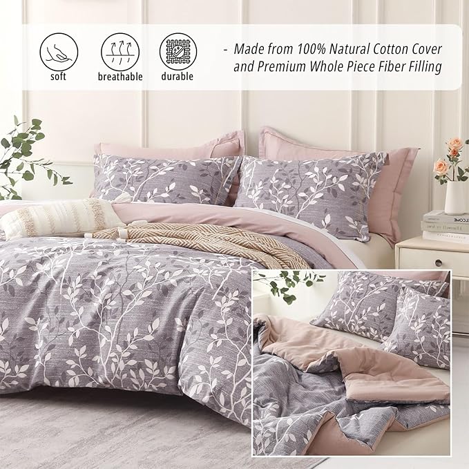 Vintage Gray Cotton Comforter King Size 3Pcs - Luxurious Design with White & Charcoal Branches Pattern, Elegant Dusty Pink Reversible Lightweight Bedding Sets with Soft Fill(104"×90")