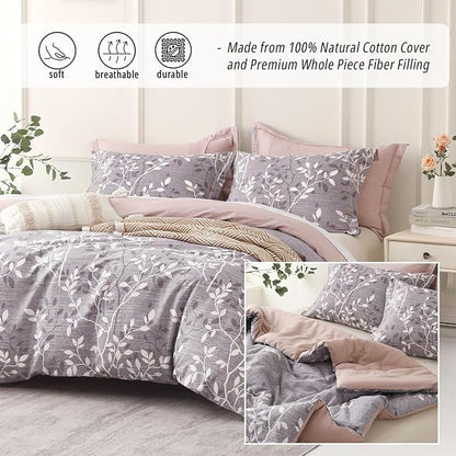 Vintage Gray Cotton Comforter Queen Size 3Pcs - Luxurious Design with White & Charcoal Branches Pattern, Elegant Dusty Pink Reversible Lightweight Bedding Sets with Soft Fill(90"×90")