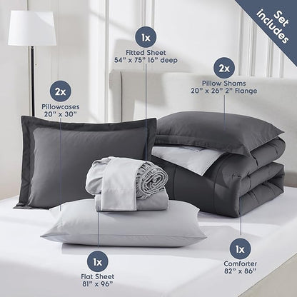 Nestl 7 Piece Full Comforter Set – Dark Grey Reversible Bed in a Bag – Complete Full Size Bedding Set with Sheets, Pillowcases and Shams