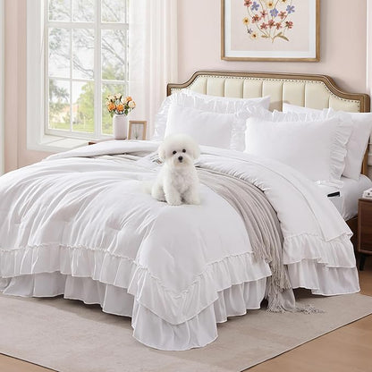 Queen Comforter Set White, Ruffle Shabby Chic Bedding Set Farmhouse 7 Pieces, All Season Fluffy Bed in a Bag with Sheets, Pillowcases & Shams
