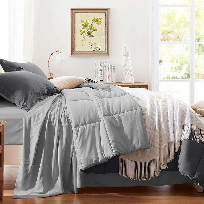 Anluoer Full Size Bed in a Bag 7 Pieces, Grey Bed Comforter Set with Sheets, All Season Bedding Sets with 1 Comforter, 2 Pillow Shams, 2 Pillowcases, 1 Flat Sheet, 1 Fitted Sheet
