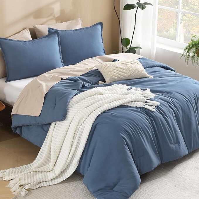 Litanika Haze Blue Comforter Full Size Set, 3 Pieces Lightweight Solid Bedding Comforter Set, All Season Fluffy Bed Set