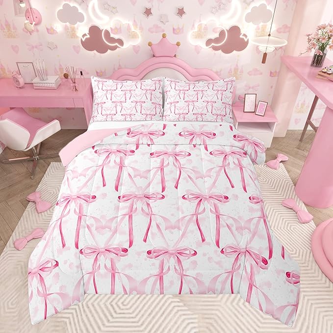 Feelyou Pink Girls Bow Comforter Set King Size Cute Bowknot Bedding Set Bow Comforter Kawaii Duvet Set Bow and Stripes Quilt Set 3Pcs