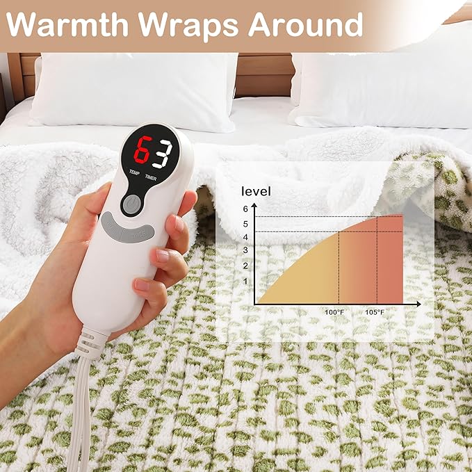 Electric Heated Blanket Full Size 72"×84" with 9 Heating Levels & 1-10Hs Auto Off, Plush Sherpa, Energy Efficient, Machine Washable, for Couch & Bed, Leopard Print Green & White
