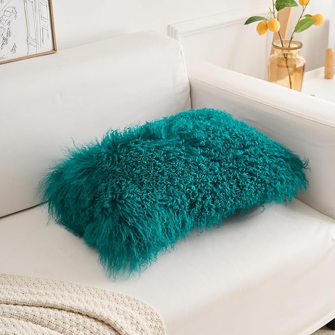Genuine Mongolian Lamb Fur Pillow Cover – 12"x20" Rectangular Cushion Case – Soft Curly Wool Decorative Accent for Sofa, Bed, or Chair(Teal)