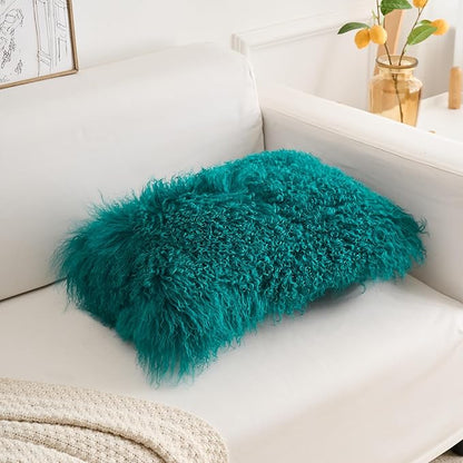 Genuine Mongolian Lamb Fur Pillow Cover – 12"x20" Rectangular Cushion Case – Soft Curly Wool Decorative Accent for Sofa, Bed, or Chair(Teal)