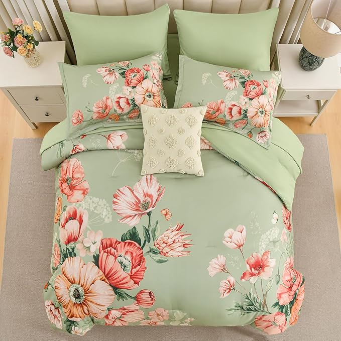 Queen Comforter Set - 7 Pieces Bed in a Bag Green Floral Queen Comforter Set with Sheets, Soft Microfiber Flower Complete Bedding Set for All Seasons（Green,90"x90"）