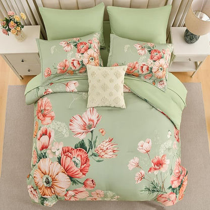 Queen Comforter Set - 7 Pieces Bed in a Bag Green Floral Queen Comforter Set with Sheets, Soft Microfiber Flower Complete Bedding Set for All Seasons（Green,90"x90"）