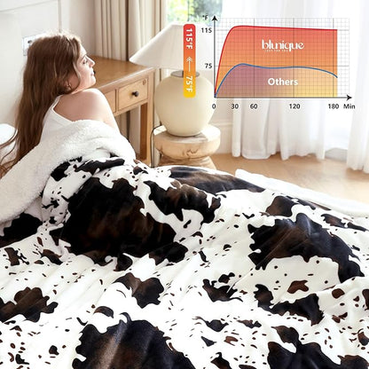 Cow Print Electric Heated Blanket Queen-Dual Control Heating Blanket Queen Size with 10 Heat Levels & 10 Hours Auto-Off, Cozy Soft Fleece Sherpa, Washable, 84x90 Inches Cow Print White
