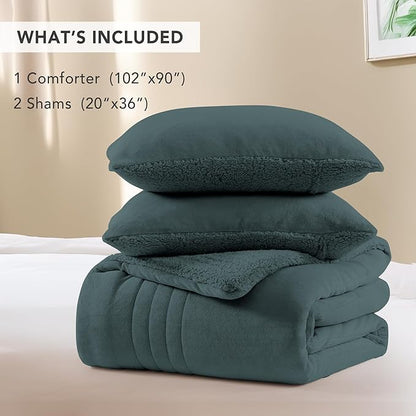 Monbix Fluffy King Size Comforter Set – 3 Piece Cozy Sherpa Comforter King Size Teal, Winter Warm Fleece Bedding Set, Luxury Coco Plush Winter Fuzzy Bed Set, 1 Comforter with 2 Pillowcases