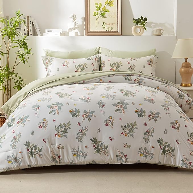 EMME Botanical Sage Green Comforter Set King Size 7 Pieces＿Brushed Microfiber Bed in a Bag for Girls, Ultra Soft Bedding Set with Sheets (Sage Green, King (7 Piece), Adult
