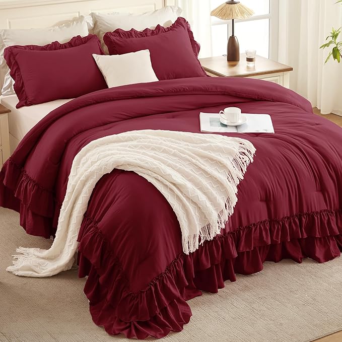 Andency Burgundy Ruffle Comforter Set King, Shabby Chic Farmhouse Bedding Comforter, Soft Lightweight Fluffy Microfiber Bet Set All Season 3 Pieces Solid Comforter Set