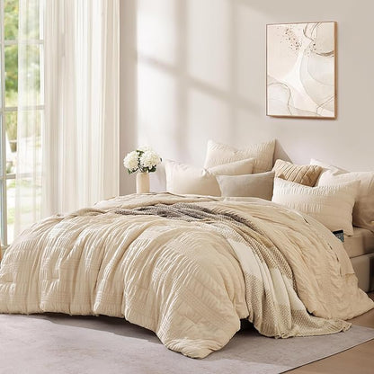 CASAAGUSTO Full Size Comforter Set, 7 Pieces Beige Seersucker Bed in a Bag Full Size Soft All Seasons, Bedding Sets with Comforter, Flat Sheet, Fitted Sheet, 2 Pillow Shams, 2 Pillowcases