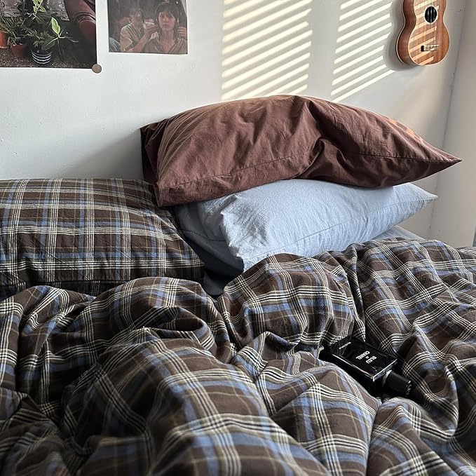 mixinni Vintage Blue & Brown Buffalo Plaid Comforter Set Full Size - 3-Piece Washed Cotton Soft Geometric Checkered Pattern Bedding Set for All-Seasons Lightweight & Breathable-Full Size