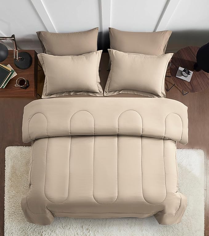 Maple&Stone California King Size Comforter Set 7 Pieces Bed in a Bag - Down Alternative Bed Set with Sheets, Pillowcases & Shams, Soft Reversible Duvet Insert, Beige