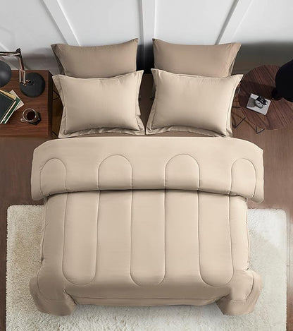 Maple&Stone Queen Size Comforter Set 7 Pieces Bed in a Bag - Down Alternative Bed Set with Sheets, Pillowcases & Shams, Soft Reversible Duvet Insert for Queen Bed, Beige