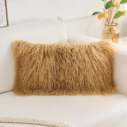 Genuine Mongolian Lamb Fur Pillow Cover – 12"x20" Rectangular Cushion Case – Soft Curly Wool Decorative Accent for Sofa, Bed, or Chair (Toffee)