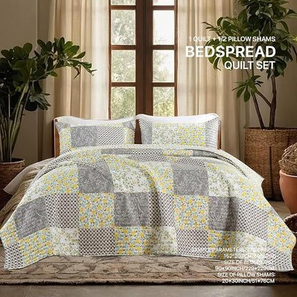 Quilt Set Twin Size Floral Patchwork Quilted, Soft Comforter Set Bedding Sets, Coverlet Bedspread Decorative Quilts with 1 Pillow Sham 68"x90"