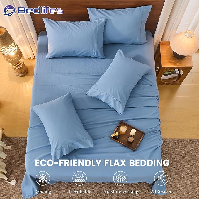Bedlifes 100% French Pure Linen Sheets Queen Size Breathable and Cooling Flax Sheet Set Soft Durable and Moisture Wicking 16 Inch Deep Pocket-4 Piece(Queen,Flint Blue)