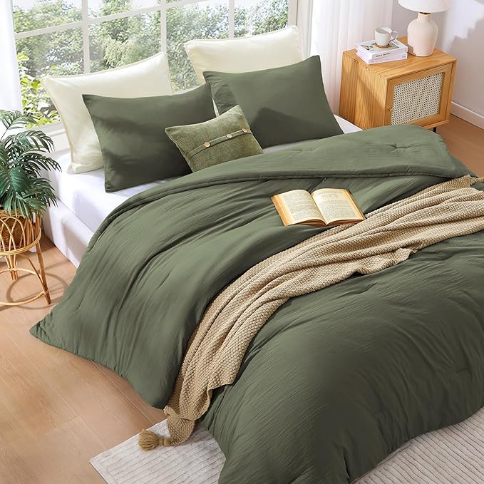 WRENSONGE California King Comforter Set - 3 Pieces Prewashed Olive Green Comforter Soft Lightweight for All Seasons,Down Alternative Comforters Cal King Size with 2 Pillow Shams