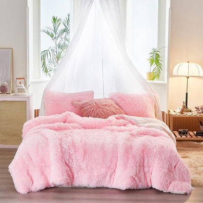 UOZZI BEDDING Pink Faux Fur Comforter Set Queen 3 Pieces - 1 Shaggy Comforter Set 90x90 and 2 Pillowcases, Ultra Soft and Easy Care Luxury Plush Shaggy Duvet Set for Girls Women Princess Style