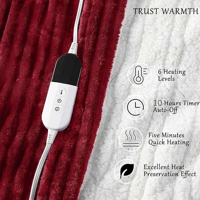 Electric Blanket Heated Full Blanket, Super Soft Flannel & Sherpa Electric Full Blanket with 6 Fast Heating Levels, 10 Hours Auto Off & OverHeat Protection, Machine Washable, 72'' X 84'', Red