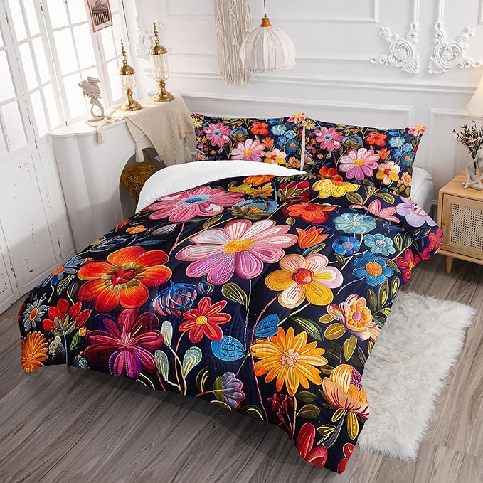 Colorful Flower Comforter Set King Size 3 PCS Bed in a Bag,Cute Floral Bedding Set for Girls Teens,Ultra Soft Microfiber Comforter Bed Set with 3-Pieces, Floral Bedroom Decor with Pillowcases