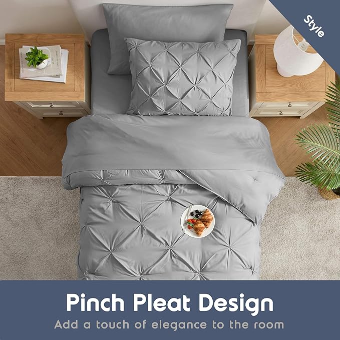 Nestl Twin Comforter Set 5 Piece - Pintuck Twin Bedding Sets Grey, College Dorm Room Essentials for Girls and Boys Bed in a Bag Twin All Season, Twin Comforter Set with Sheets, Pillowcase and Sham