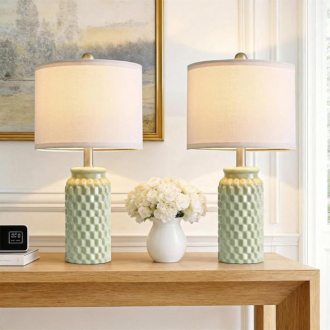 20.5" Small Bedside Lamps Set of 2 with 5FT Cord, Green Ceramic Modern Farmhouse Table Lamps for Nightstand, Living Room, Bedroom, 3D Honeycomb Stylish End Table Lamps(Bulb Not Included)