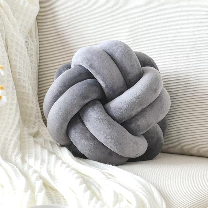 Knot Pillow Ball, Soft Home Decorative Throw Pillows Cushion, Round Changeability Knotted Pillows, Modern Home Handmade Cushions for Bedroom, Sofa, Couch (8 Inch, Dark Gray)