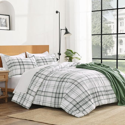 Andency Green White Plaid Comforter Set Twin(66x90 Inch), 2 Pieces Preppy Grid Gingham Stripes Bedding Comforter Sets for Boys Girls Kids, Green Line Soft Lightweight Geometric Reversible Bed Set