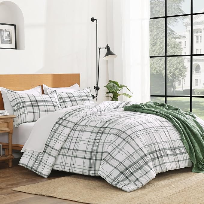 Andency Green White Plaid Comforter Set Queen(90x90Inch), 3 Pieces Preppy Grid Gingham Stripes Bedding Comforter Sets for Boys Girls Kids, Green Line Soft Lightweight Geometric Reversible Bed Set