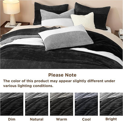 Litanika Fluffy Fleece Full Size Comforter Set, Luxury Soft Plush Fuzzy Black & White Stripe Bedding Comforter Sets, Warm Shaggy Faux Fur Bed Set All Season (1 Comforter, 2 Pillowcases)