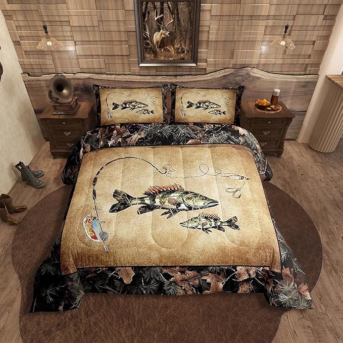 Erosebridal Rustic Bass Fish Comforter Set Twin Country Camo Fishing Bedding Set Woodland Camouflage Lake Fish Fisherman Quilt Comforter for Kids Boys Teen Men Retro Farmhouse Cabin Bed Set 2 Pcs