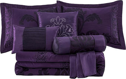 Chezmoi Collection 7-Piece Jacquard Floral Comforter Set (California King, Purple/Dark Purple)