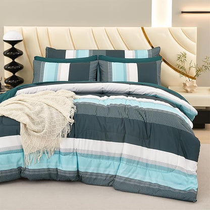 RYNGHIPY Emerald Green Colorblock Bedding Set: 8 Pieces Lightweight Fluffy Comforter Bedding Sets - Soft Microfiber Bed Set for All Seasons (Queen,Emerald Green)