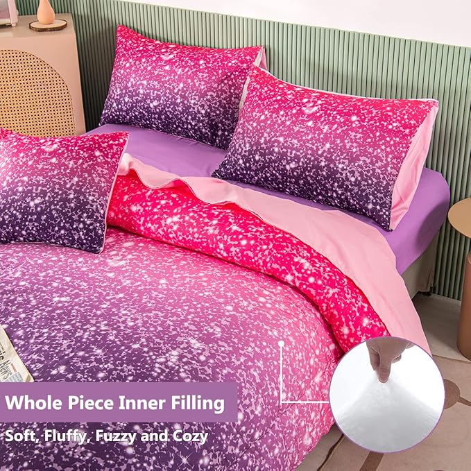 PERFEMET Pink Purple Girls Queen Comforter Set with Sheets 6 Pieces Colorful Rainbow Tie Dye Kids Bedding Set Sparkle Glitter Ombre Bed in A Bag Soft Fluffy Teen Girl Bed Set for Bedroom Decor