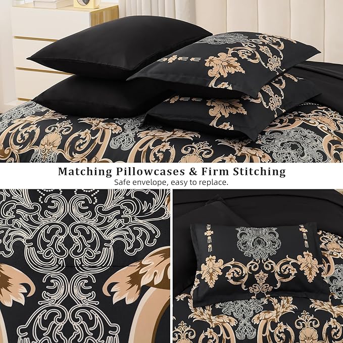 Mybedsoul 7 Pieces Black Comforter Set King Size, Gold Damask Bed in a Bag for King Bed, Lightweight Microfiber Boho Bedding Sets with Comforter, Sheet, Pillowcases & Shams for All Season(90"x104")